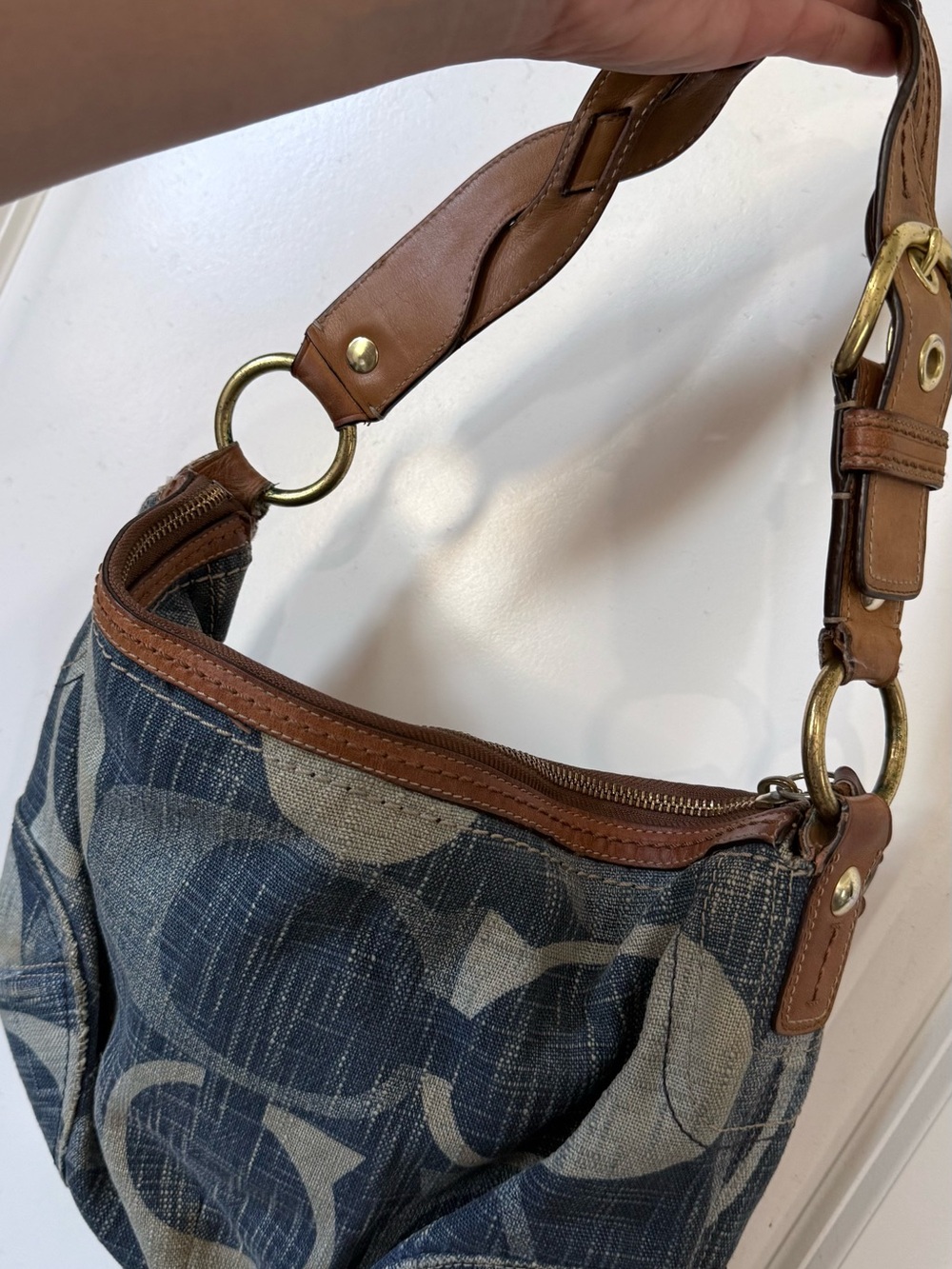 Coach Denim Signature Canvas Shoulder Bag with Brown Leather Trim - Picture 10 of 15